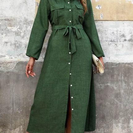 Perfee Collared Neck Long Sleeve Midi Shirt Dress - MimiStylez