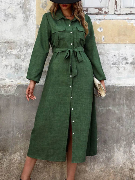 Perfee Collared Neck Long Sleeve Midi Shirt Dress - MimiStylez