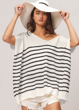 BiBi V Neck Striped Short Sleeve Top - MimiStylez