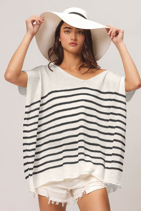 BiBi V Neck Striped Short Sleeve Top - MimiStylez