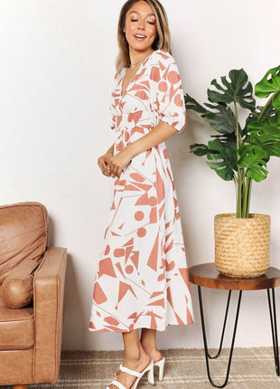 Printed Surplice Balloon Sleeve Dress - MimiStylez