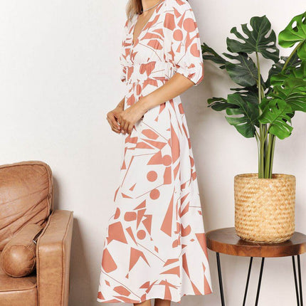 Printed Surplice Balloon Sleeve Dress - MimiStylez