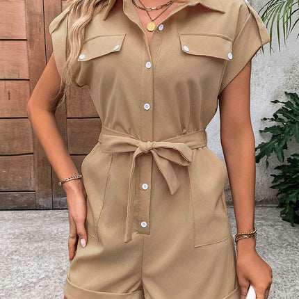 Collared Neck Tie Waist Romper with Pockets - MimiStylez