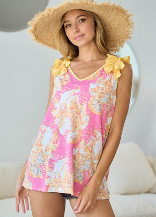 BiBi Printed V Neck Ruffled Tank - MimiStylez