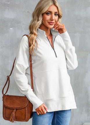 Half Zip Pocketed Dropped Shoulder Sweatshirt - MimiStylez