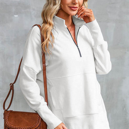 Half Zip Pocketed Dropped Shoulder Sweatshirt - MimiStylez