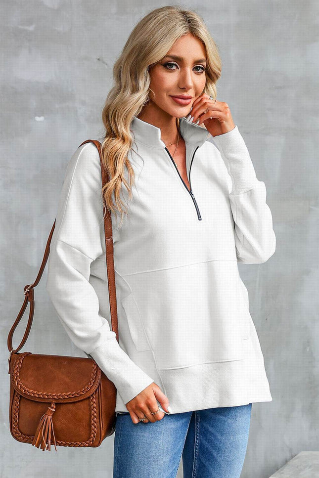 Half Zip Pocketed Dropped Shoulder Sweatshirt - MimiStylez