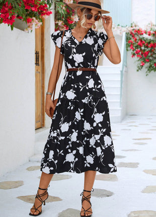 Floral Frill Trim V-Neck Tiered Midi Dress - MimiStylez
