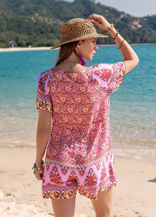 Printed V-Neck Short Sleeve Romper - MimiStylez