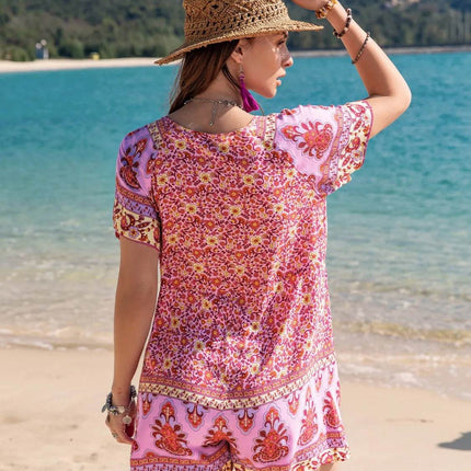 Printed V-Neck Short Sleeve Romper - MimiStylez