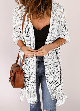 Openwork Open Front Cardigan with Fringes - MimiStylez