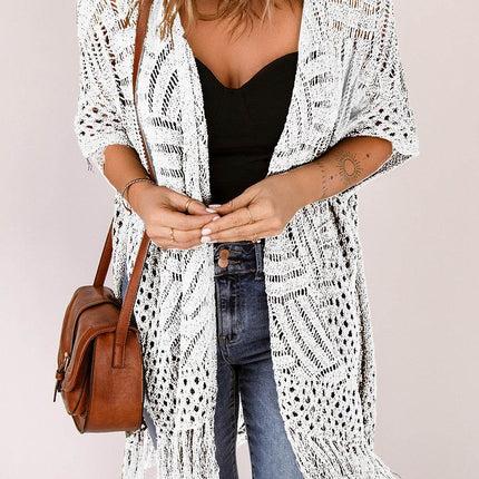 Openwork Open Front Cardigan with Fringes - MimiStylez