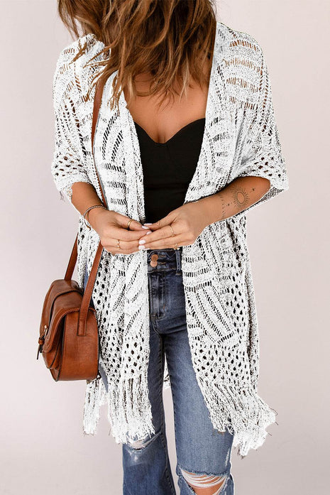 Openwork Open Front Cardigan with Fringes - MimiStylez