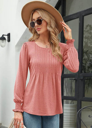 Smocked Round Neck Lantern Sleeve Blouse - MimiStylez