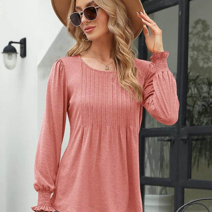 Smocked Round Neck Lantern Sleeve Blouse - MimiStylez