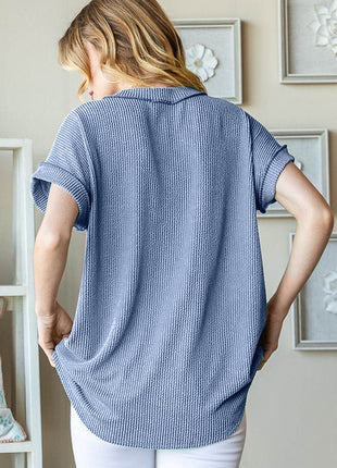 Heimish Full Size Front Pocket Short Sleeve Ribbed Top - MimiStylez