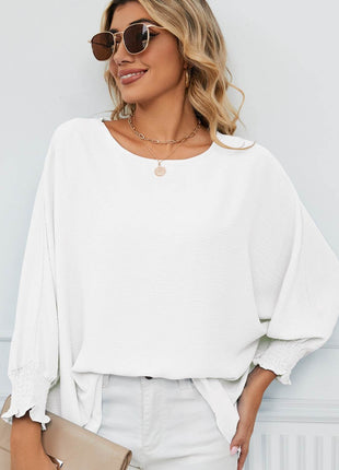 Smocked Lantern Sleeve Round Neck Blouse - MimiStylez