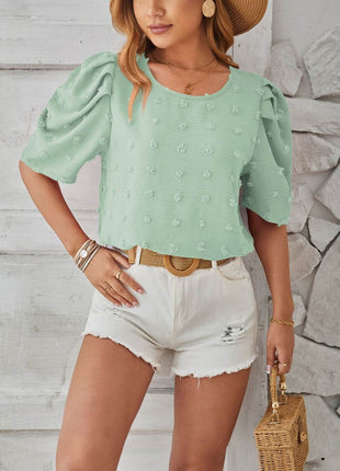 Swiss Dot Round Neck Short Sleeve Blouse - MimiStylez