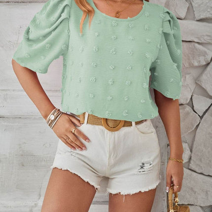 Swiss Dot Round Neck Short Sleeve Blouse - MimiStylez