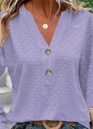 Eyelet Notched Long Sleeve T-Shirt - MimiStylez