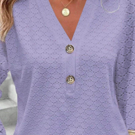 Eyelet Notched Long Sleeve T-Shirt - MimiStylez