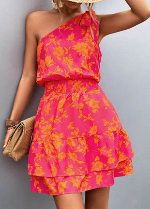 Tied Smocked Printed Single Shoulder Dress - MimiStylez