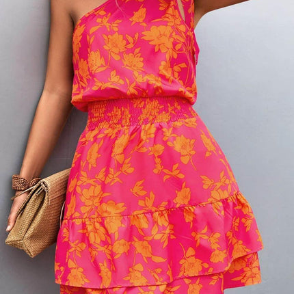 Tied Smocked Printed Single Shoulder Dress - MimiStylez