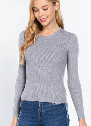ACTIVE BASIC Full Size Ribbed Round Neck Long Sleeve Knit Top - MimiStylez