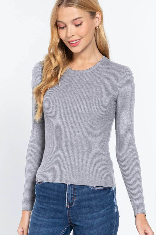ACTIVE BASIC Full Size Ribbed Round Neck Long Sleeve Knit Top - MimiStylez