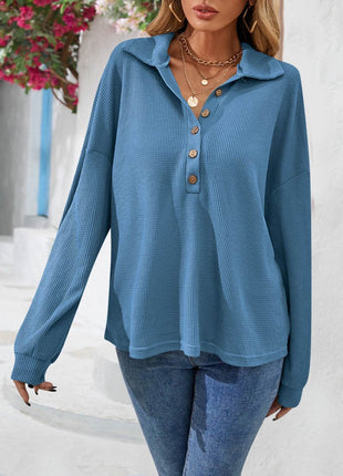 Half Button Collared Neck Long Sleeve Top - MimiStylez