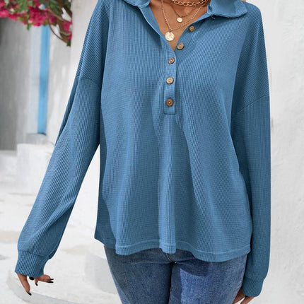 Half Button Collared Neck Long Sleeve Top - MimiStylez