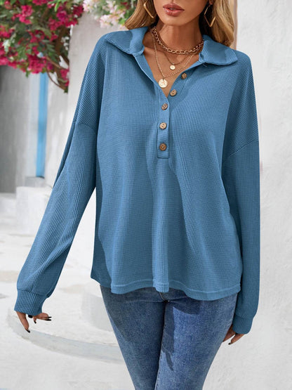 Half Button Collared Neck Long Sleeve Top - MimiStylez