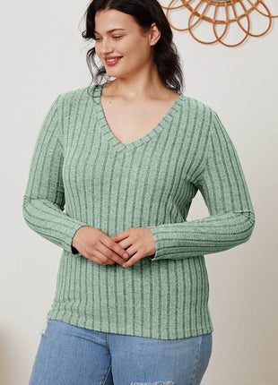 Basic Bae Full Size Ribbed V-Neck Long Sleeve T-Shirt - MimiStylez