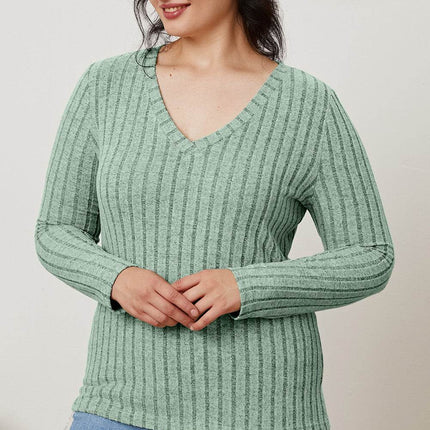Basic Bae Full Size Ribbed V-Neck Long Sleeve T-Shirt - MimiStylez