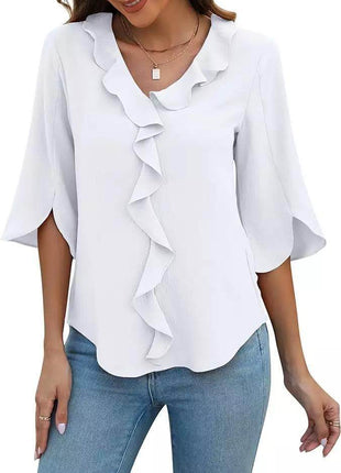 Loose V-neck Flounce Shirt - MimiStylez