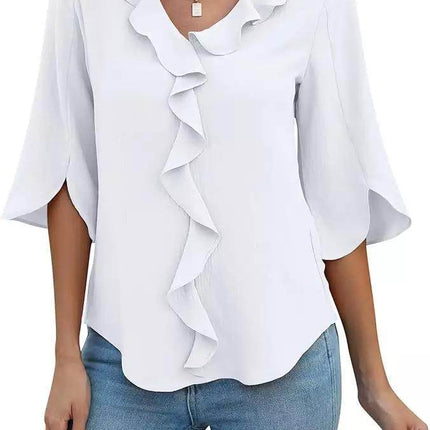 Loose V-neck Flounce Shirt - MimiStylez