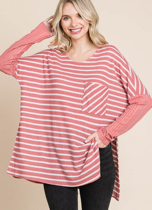 Culture Code Oversize Striped Round Neck Long Sleeve Slit T-Shirt - MimiStylez