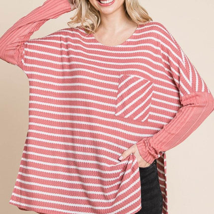 Culture Code Oversize Striped Round Neck Long Sleeve Slit T-Shirt - MimiStylez