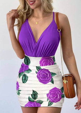 Surplice Spaghetti Strap Top and Printed Mini Skirt Set - MimiStylez