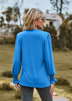 Notched Neck Flounce Sleeve Blouse - MimiStylez