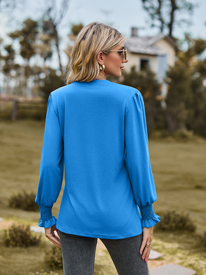 Notched Neck Flounce Sleeve Blouse