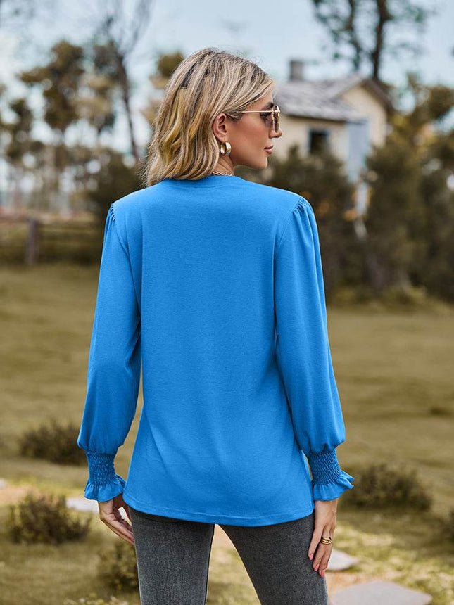 Notched Neck Flounce Sleeve Blouse - MimiStylez