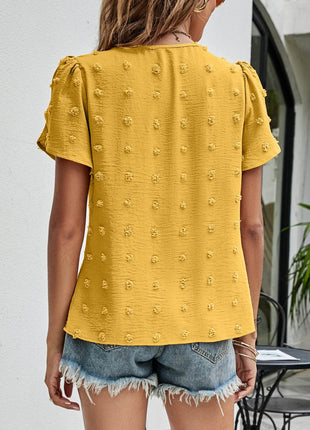 Swiss Dot Round Neck Petal Sleeve Top - MimiStylez