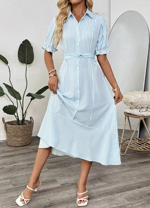 Striped Button-Down Midi Shirt Dress with Ruffle Sleeves - MimiStylez