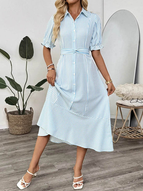 Striped Button-Down Midi Shirt Dress with Ruffle Sleeves - MimiStylez