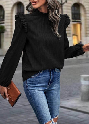Mock Neck Ruffle Shoulder Blouse - MimiStylez