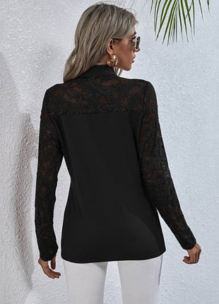 Tie Neck Spliced Lace Long Sleeve Top - MimiStylez
