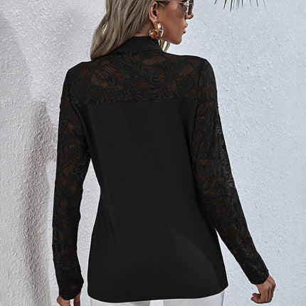 Tie Neck Spliced Lace Long Sleeve Top - MimiStylez