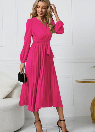 V-Neck Long Sleeve Tie Waist Midi Dress - MimiStylez