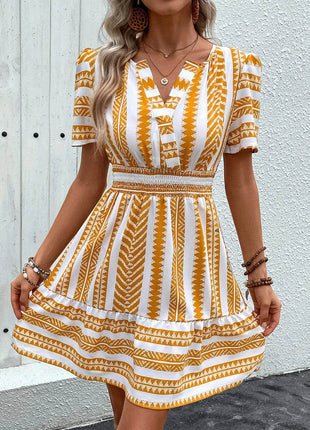 Perfee Geometric Notched Short Sleeve Mini Dress - MimiStylez